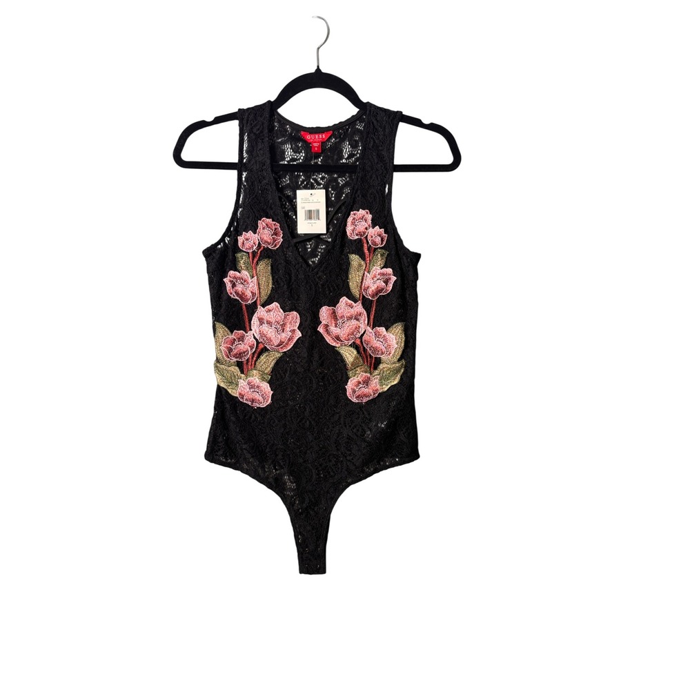 GUESS Womens Kassandra Lace Bodysuit S Black Rose Applique Floral Romantic